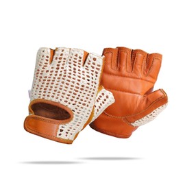 Real Soft Leather Crochet Net Fingerless Driving Weight Training Cycling Wheelchair Gloves W-1037 (Tan/White 049, X-Large)