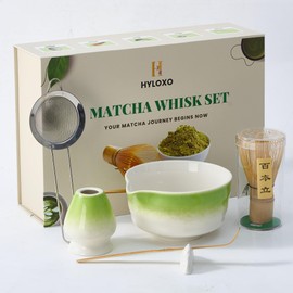 Hyloxo Matcha Whisk Set - 6 Pcs Matcha Kit with Bowl, Japanese Matcha Set, Matcha Bowl with Spout, Matcha Whisk, Chasen Holder, Sifter and Bamboo Scoop, Tea Gift Ceremony Sets for Matcha Lovers