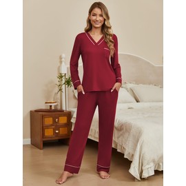 Ekouaer Women's Pajamas Sets 2 piece PJs V Neck Long Sleeve Sleepwear Comfy Pants Loungewear with PocketWine Red Large