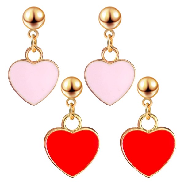 2 Pairs of Red Heart Earrings, Hanging Earrings, Heart Red,