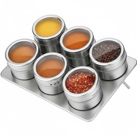 esmerina Magnetic Spice Jars Set Diameter 6 x 4.5 cm with Metal Plate 15.5 cm - Stainless Steel Spice Jars with Viewing Window & Twist Lid - Magnetic Spice Container for Fridge and Kitchen