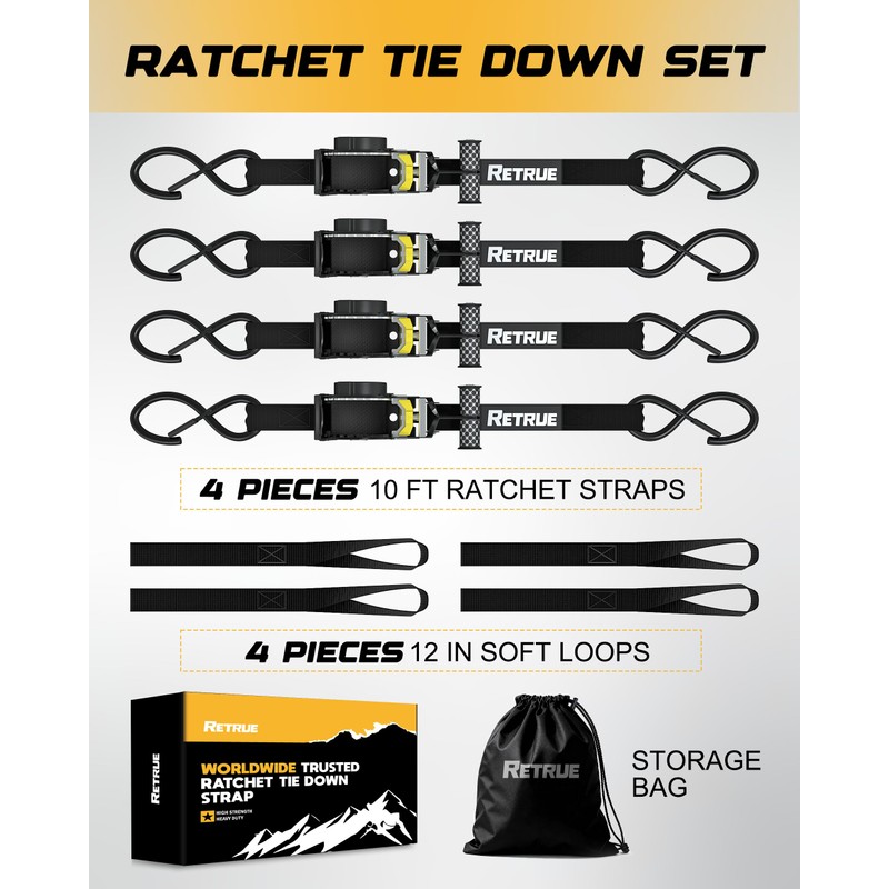 RETRUE Retractable Ratchet Straps (4-Pack) - 1 Inch x 10