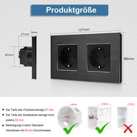 CNBINGO Aluminium Schuko Socket Flush-Mounted, Protective Contact Installation Wall Socket with Aluminium Frame, Double Black
