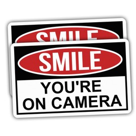 (2pcs) Security Stickers Warning Stickers Funny Smile You're On Camera Black Stickers Vinyl Size 3.75x2.35in