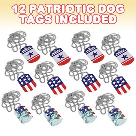 ArtCreativity Patriotic Dog Tags, Pack of 12, Fourth of July Party Favors, Red, White, and Blue Patriotic Necklaces, American Flag Accessories for Kids and Adults, 3 Different Designs