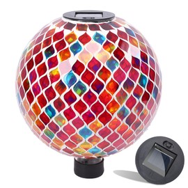 VCUTEKA Solar Gazing Ball, Mosaic Glass Gazing Balls Sphere with Solar Light for Garden Lawn Outdoor Ornament Yard Decorative, 10" Red
