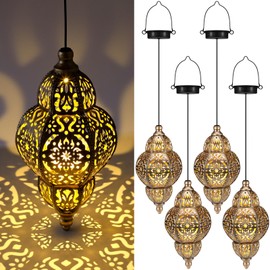 Aurelema 4 Pcs Hanging Solar Lights Moroccan Outdoor Decor Solar Lantern Waterproof Metal Moroccan Hanging Decorations for Patio Pathway Yard Porch Backyard Garden Decor, Bronze(Classic Color)