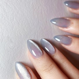 24Pcs Cat Eye Press on Nails Gel Glue on Nails for Manicure Art. Glossy Gray Cat Eye Short Almond Acrylic False Nails With Cat Eye Design. Cat Eye Full Cover Fake Nails Stick on Nails for Women Girls