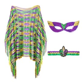 3Pcs Mardi Gras Shawls Wraps Accessory Mardi Gras Women's Poncho Capes Purple Yellow Green Headwear Mask Masquerade Costume