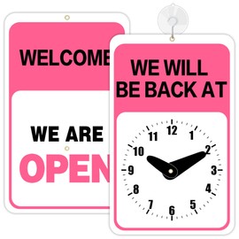 GUEER Will Return Back Sign with Clock Pink for Women, 'We Will be Back' and 'Welcome We are Open' Word on The Dual Sides, Include Suction Cup for Business, Office or Store, Size 9.25 x 5.75 Inch (1)
