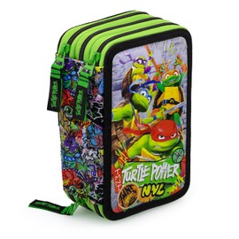L'ERBAVOGLIO Original 3 Zip School Pencil Case Complete with 44 Pieces, Ninja Turtles (Green/Black), Medio, pen holder for kids