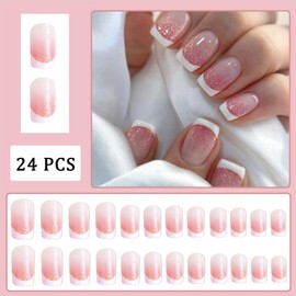 Gradient French Tip Press On Nails Short Square Glitter Pink False Nails Sparkling Gold Design White French Tip Cute False Nails Full Cover Stick On Nails for Women Girls Manicure 24pcs