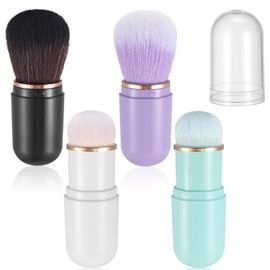 cobee 4Pcs Retractable Kabuki Makeup Brushes, Portable Makeup Brushes for Travel Cute Blush Powder Brush Mini Foundation Brush with Cover for Liquid Cream Cosmetics 4 Colors