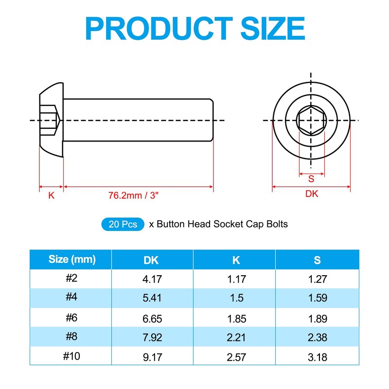 PATIKIL #8-32x3" Button Head Socket Cap Screws, 20 Pcs 304