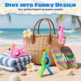 4 Pcs Towel Clips for Beach Chairs, Jumbo Size Beach Towel Clips Windproof Grip Secure Hang Towel Holder Clothes Pins Decorative Towel Clips for Pool, Cruise, Patio, Holiday Travel(Flamingo,Parrot)
