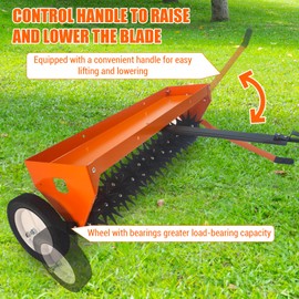 40 Inch Tow Behind Aerator, Aerator Lawn Tool with Universal Hitch, Adjustable Handle, Transport Wheels, Lawn Aerator Compatible with Tractors for Garden, Farm and Lawn, Orange