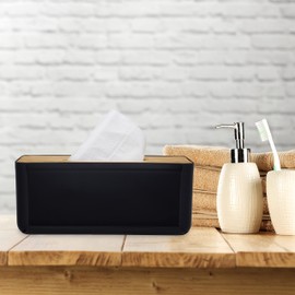 Relaxdays Tissue Box, Refillable, Bathroom, Napkin Dispenser, Bamboo Lid, Plastic, 10 x 23 x 13 cm, Black/Natural
