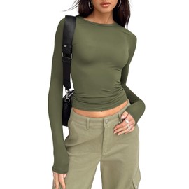 Trendy Queen Womens Long Sleeve Shirts Basic Tees Crop Tops Going Out Spring 2025 Workout Outfits Y2k Clothes Army Green M