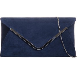 Purple Possum® Navy Blue Envelope Clutch Bag, Dark Blue Faux Suede Evening Bag with Silver Tone Metal Trim, Ladies Prom Shoulder Bag, Wedding Handbag