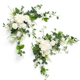 Ling's Moment 2PCS White & Green Artificial Floral Swags Table Centerpieces Wedding Decoration Flower Rose Garland Greenery Arrangements for Sweetheart/Head Table Decor