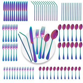 Gutuwellea 84 Pieces Mirror Rainbow Silverware Service for 12 Flatware Set Stainless Steel Utensils Cutlery Set Dishwasher Safe