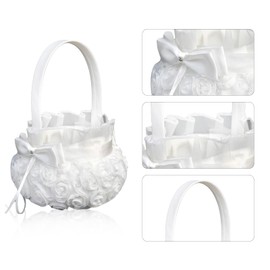Petyoung Wedding Flower Girl Basket with Bowknot, Romantic Wedding Flower Basket Ceremony Party Decor - White
