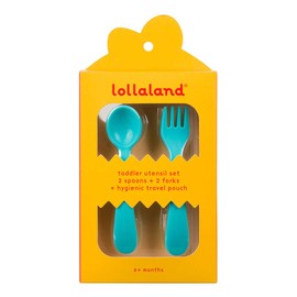 Lollaland 5 Piece Plastic Toddler Silverware Spoon and Fork Utensil Set - Reusable Toddler Cutlery with Hygienic Travel Pouch (Turquoise)