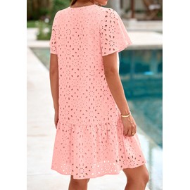 KIRUNDO Summer Dresses for Women 2025 Button Down V Neck Short Sleeve Hollow Out Lace A Line Casual Mini Babydoll Dress(Pink, X-Small)