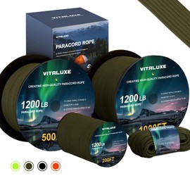 VITALUXE 1200lb Paracord Rope, 4.4mm 15 Triple Strands Paracord, Heavy Duty Tactical Parachute Cord for Survival Gear, Camping, Hiking, and Ideal for Bracelets, Lanyards, Type III, 200FT, Army Green
