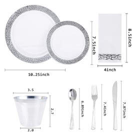 210 Count Silver Plastic Dinnerware, Silver Disposable Plates, Includes 30 Dinner Plates 30 Dessert Plates & 30 Cups & 30 Linen Like Silver Paper Napkins & 30 Plastic Silverware Set