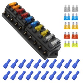 HISports 10 Way Waterproof Fuse Holder Box, Blade Fuse Box - with Vehicles with Fuses (5A, 10A, 15A, 20A, 25A) Fuse Box with Clamps and Moisture-proof Cover