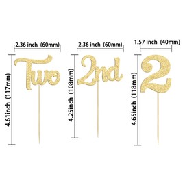 24 piezas de decoración para cupcakes de 2º cumpleaños con brillantina para segundo cumpleaños, dos púas para cupcakes para baby shower, 2º cumpleaños, aniversario, fiesta, decoración de pasteles, suministros dorados