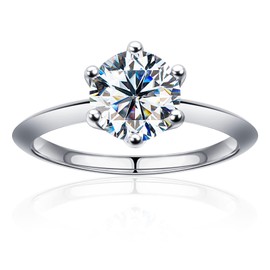 SAMIOVJ Moissanite Rings for Women, D Color Round Solitaire Lab Created Diamond Ring 18K White Gold Plated 925 Sterling Silver 6 Prong Moissanite Engagement Ring