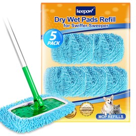 KEEPOW Reusable Microfiber Mop Pads Compatible with Sweeper Mop Replacement Wet Mopping Pad Refills Washable Dry Sweeping Cloths for Hardwood Floor Cleaning Chenille Refill Pads, 5 PCS