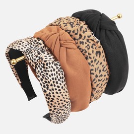 Hebterrka Pack of 4 Knotted Top Headband for Women, Wide Headbands for Women's Hair, Knotted, Chunky Cute Women's Headbands, Black Brown Leopard