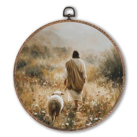 Lengues Jesus Leaves the 99 Sheep Christian Round Wall Art, Jesus Lamb Landscape Round Wall Decor, Cottagecore Decor Canvas Framed Art Prints, Christian Print Hanging Frame for Home Room 10x10 Inch