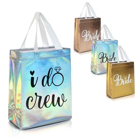 Nush Nush Set of 12 Reusable Iridescent Bridesmaids Gift Bags - With 3 x Bride and 9 x I Do Crew Party Favor Bags - Wedding Favors, Bachelorette Party, Bridesmaid Gifts, Bridal Shower - 8" x 4" x10"