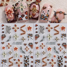 2 Sheets Fall Flower Nail Stickers 5D Leopard Nail Design Autumn Nail Decals Self Adhesive Nail Art Stickers Leopard Print Flowers Lip Fall Nails Supplies for Women Girls Manicure Art Decorations