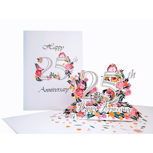 iGifts And Cards Happy 25th Milestone Anniversary 3D Pop Up Greeting Card - Soulmates, Celebration, Marriage, Being Together, Love and Happiness, Silver, Lovebirds, Congratulations, Romantic
