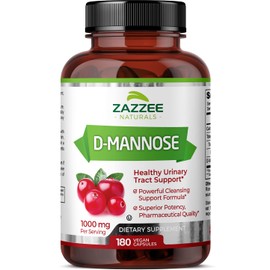 Zazzee D-Mannose, 1000 mg per Serving, 180 Vegan Capsules, 3 Month Supply, Potent & Fast-Acting, Certified Kosher, 100% Pure, All-Natural Urinary Tract Health UTI Support, 100% Vegetarian, Non-GMO