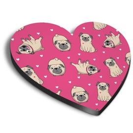 1 x Heart MDF Magnets - Adorable Pink Pug Puppies Animal Pets 8493
