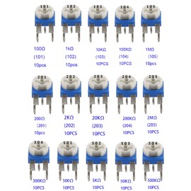 RUNCCI-YUN 150pcs 15 Values 100 Ohm- 2M Ohm Ohm Potentiometer Variable Resistor Arduino Potentiometer variable trimmer resistor Assortment Kit（ Blue and white ）