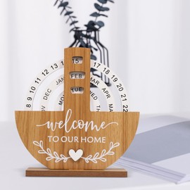 Operitacx Round Perpetual Calendar Wooden Perpetual Desk Calendar 2024 2025 Manual Rotating Wood Block Calendar for Home Office Supplies with Circular Dial To Set Dates