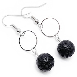 Black Lava Bead Earrings, Long Dangly with Brass Ring and Natural Lava Beads on Nickel Free Silver Plated Hooks: 45mm long, Everyday Drop Earrings for Women