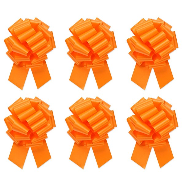 Large Orange Gift Wrap Pull Bows - 5" Wide, Orange Ribbon Big Pull Flower Bows for Halloween Gifts and Presents, Set of 6 (Orange)