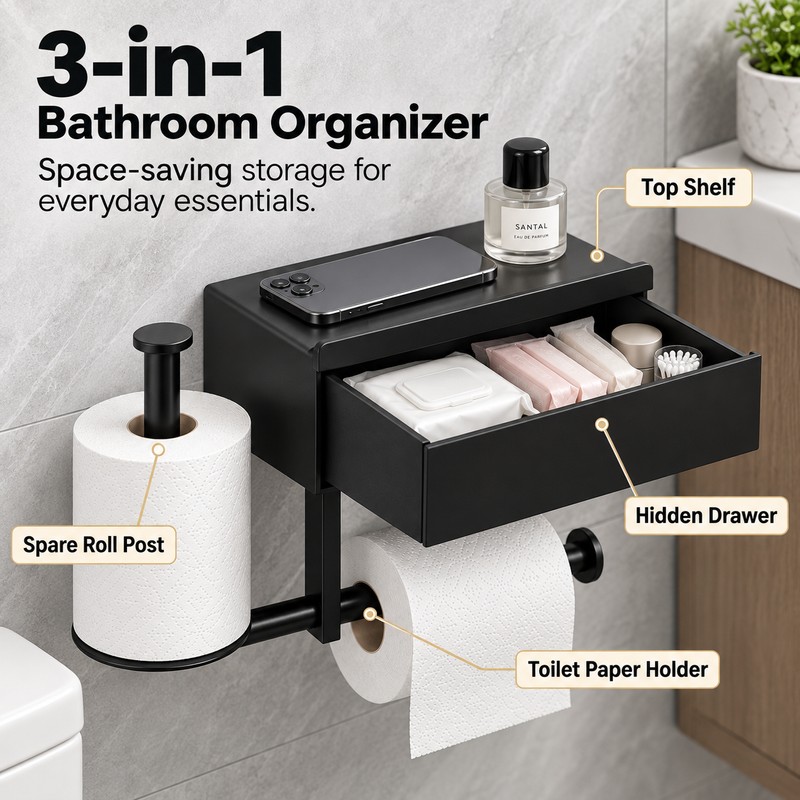 Wall-Mounted Toilet Paper Holder with Drawer – No-Drill Bathroom Tissue