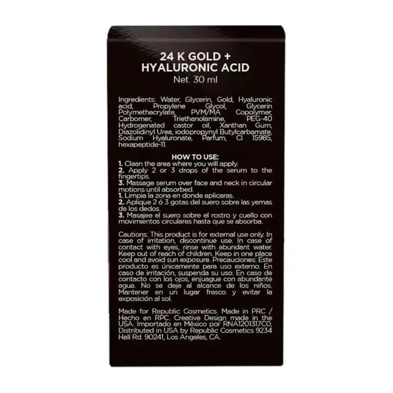 Sérum oro 24 K + ácido hialurónico 30 ml, hidratación