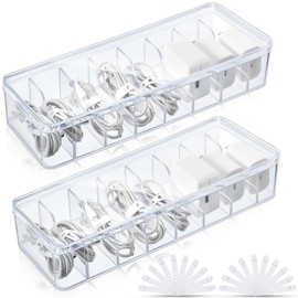 Tatuo 2 Pcs Cable Organizer Box with Wire Ties, Plastic Cord Storage Box with Lid, Electronics Organizer for Home Office Desk Organizers and Accessories (Clear)
