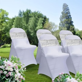 WENSINL All Sequin Silver Chair Sashes 50 Pack, Sequin Chair Sashes Bows for Wedding Party Folding Chairs Decorations, Silver Chair Sash Bands with Buckles for Fiestas Decor