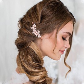 Foyte 2PCS Rhinestone Hair Clips Crystal Wedding Hair Pins Bridal Leaf Headpieces Bridemaid Hair Accessories for Women and Brides (rose gold)